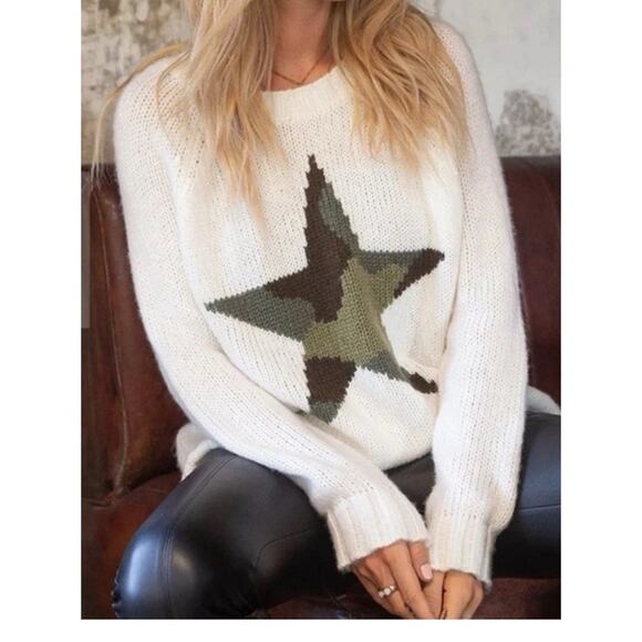 Wooden Ships Paola Buendia Camo Star Raglan Crew Ivory Sweater Pullover Size S/M - Picture 1 of 7